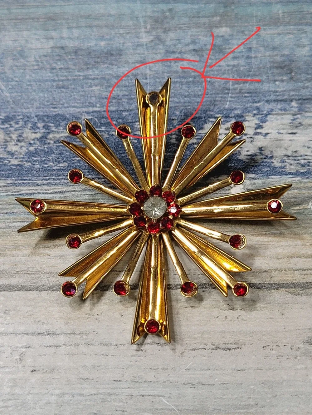 Gold Starburst Brooch and Earring Set with Red Rhinestones